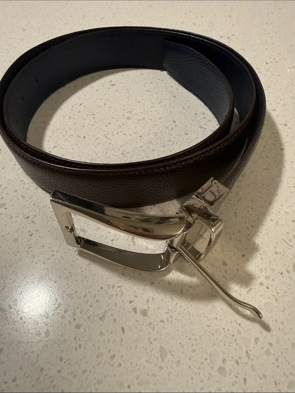 Zanzara Mens Reversible Leather Belt Brown Navy Blue Silver Buckle Size 40